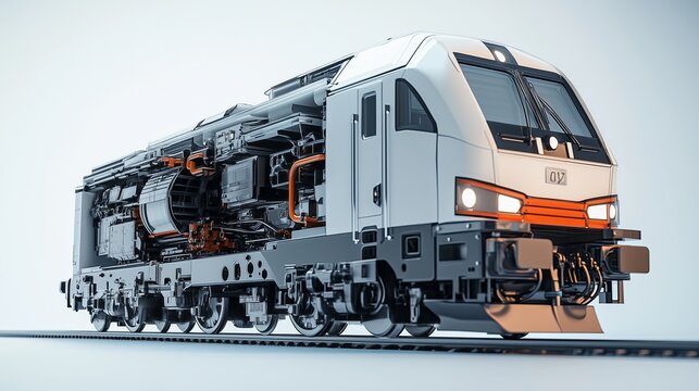 realistic of a modern locomotive with semi transparent features, allowing a clear view of the engine