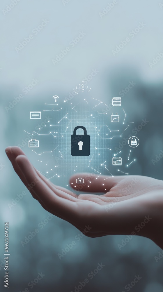 Poster open hand holding a glowing lock icon with digital network symbols, symbolizing digital security. cy