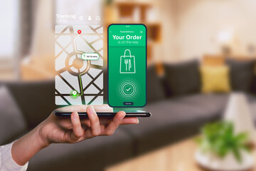 Take away ordering food online from home on moblie device app, food delivery on the way, with home interior background