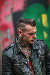 Fototapeta premium Contemplative Punk Portrait - A young man with tattoos and piercings, wearing a leather jacket, gazes downward in thought against a colorful graffiti background.