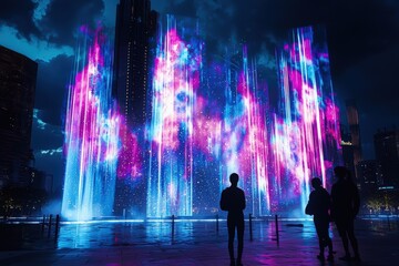 Obraz premium Futuristic Projection Mapping Fireworks Display in Cityscape - Modern Technology Innovation