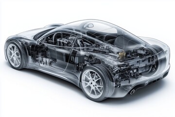Naklejka premium sleek, semi transparent modern diesel car with its engine and transmission visible inside. The car