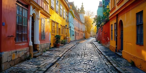 Obraz premium Charming cobblestone street in an old European town with colorful buildings at sunset, capturing a serene and picturesque atmosphere.