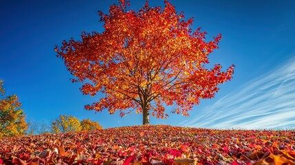   A lone tree stands amidst an open field, its leaves strewn across the ground, bathed in a clear blue sky