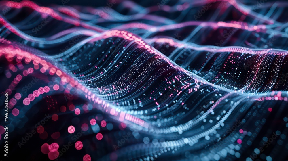 Canvas Prints abstract digital wave pattern with blue and pink glowing dots.