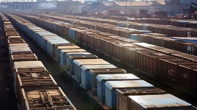 Rows of freight trains are standing on tracks at a railway station, waiting to be loaded or unloaded and continue their journey