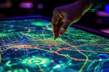 Aviation flight path being traced on a digital map with copyspace, fingers tapping on the touchscreen.