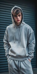 Boys In Sweatpants. Stylish Young Man in Hoodie and Sweatpants Posing in Front of Garage