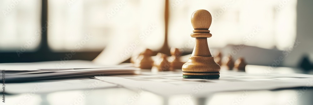 Poster close-up of a chess pawn on a desk with documents, symbolizing strategic thinking and decision-makin