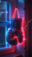 Neon lit boxing glove hanging from a window