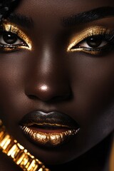 Fototapeta premium African American Eyelash Models. Gold Luxury Beauty: Young Black Woman with Exceptional Jewelry and Flawless Make-up