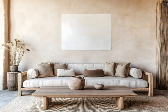 A traditonal japanese living room featuring natural tones, minimalist decor, and rustic textures. One large, white photo frame on the wall. Mockup for photos and art.