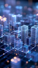 Obraz premium Digital cityscape with buildings made of glowing cubes, representing the futuristic and digital nature of smart urban development