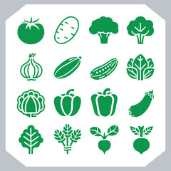Set of vegetables black silhouette Carrot, potato, tomato, cucumber, onion, garlic, cauliflower, bell pepper, cabbage vector icon in white background.