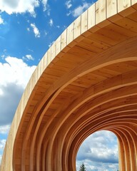Obraz premium Curved Wood Beams. Modern Architectural Detail in Glued Laminated Timber Against Blue Sky