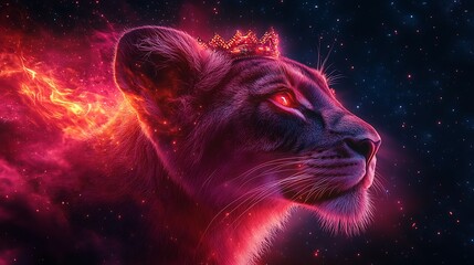 A fierce lioness with a crown, glowing with fire, against a starry night sky.