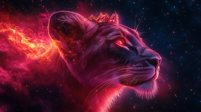 A fierce lioness with a crown, glowing with fire, against a starry night sky.