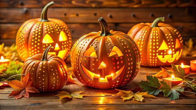 LED lit jack o lantern centerpieces with carved pumpkin details for a warm autumnal mood in an orange and yellow color scheme with a focus on precision laser cutting technology