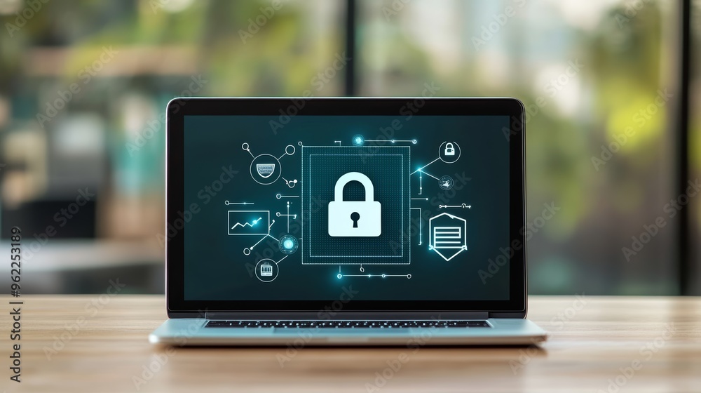 Poster laptop with holographic lock icon and network symbols on screen in a bright room. cybersecurity conc