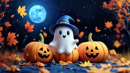 Background for Halloween cute white ghost with pumpkin, in a witch's hat, autumn maple foliage. dark background he style features soft colors and cartoon illustrations