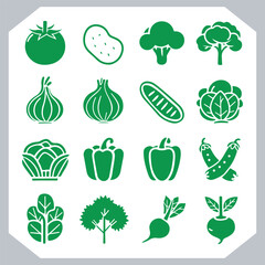 Set of vegetables black silhouette Carrot, potato, tomato, cucumber, onion, garlic, cauliflower, bell pepper, cabbage vector icon in white background.