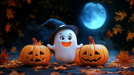 Background for Halloween cute white ghost with pumpkin, in a witch's hat, autumn maple foliage. dark background he style features soft colors and cartoon illustrations