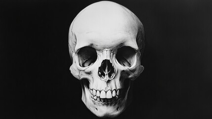 Fototapeta premium A black and white drawing of a skull with a black and white background
