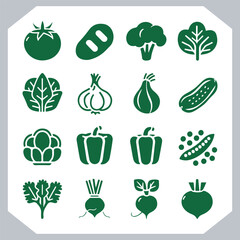 Set of vegetables black silhouette Carrot, potato, tomato, cucumber, onion, garlic, cauliflower, bell pepper, cabbage vector icon in white background.