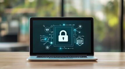 Laptop with holographic lock icon and network symbols on screen in a bright room. Cybersecurity concept.