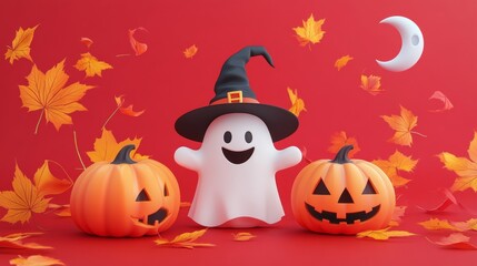 Background for Halloween cute white ghost with pumpkin, in a witch's hat, autumn maple foliage. Orange background he style features soft colors and cartoon illustrations