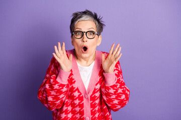 Photo portrait of lovely pensioner lady amazed excited raise hands dressed stylish red garment isolated on violet color background