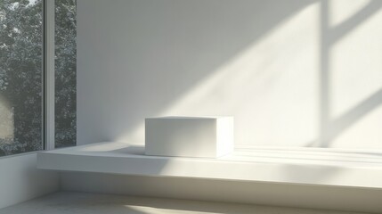 Obraz premium Mockup of a clean white box placed on a modern shelf with sunlight illuminating the room from a large window