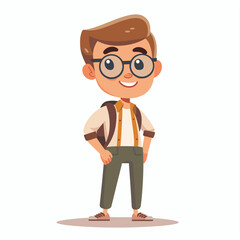 A young boy wearing glasses and a backpack stands with his arms crossed. He has a smile on his face and he is happy