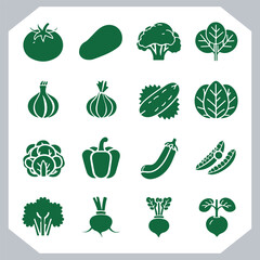 Set of vegetables black silhouette Carrot, potato, tomato, cucumber, onion, garlic, cauliflower, bell pepper, cabbage vector icon in white background.