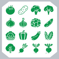 Set of vegetables black silhouette Carrot, potato, tomato, cucumber, onion, garlic, cauliflower, bell pepper, cabbage vector icon in white background.