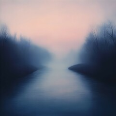 Fototapeta premium Milky waters of a foggy river at dawn.
