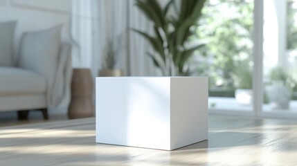 Elegant white box mockup in a bright, cozy room with soft natural lighting and a clean background