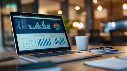 Laptop with financial graphs on screen in a modern office setting. Concept of data analysis and performance.