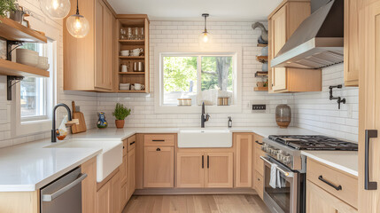 Clean Lines and Light Woods Define This White Subway Kitchen Design