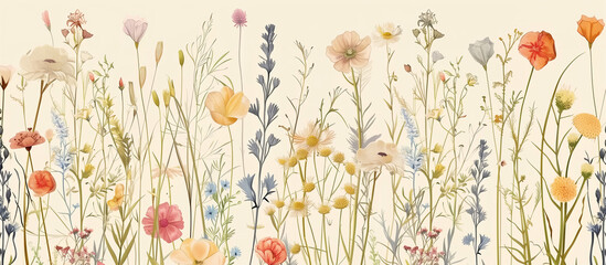 Vintage wildflowers and herbs seamless pattern for wallpaper or textile design, soft pastel colors on cream background, detailed botanical illustration, elegant and timeless style