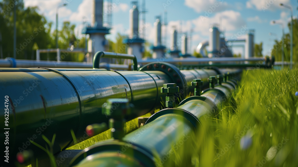 Wall mural green gas pipeline with large metal pipes for natural fuel transport, energy industry concept. pipes