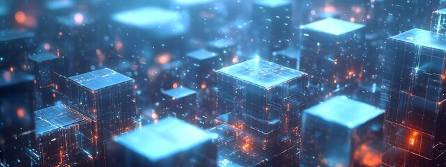 Digital cityscape with buildings made of glowing cubes, representing the futuristic and digital nature of smart urban development