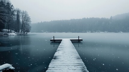 Finger Lakes Winter. Beautiful Frozen Lake with Forest Backdrop, Dock on Calm Surface