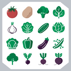 Set of vegetables black silhouette Carrot, potato, tomato, cucumber, onion, garlic, cauliflower, bell pepper, cabbage vector icon in white background.