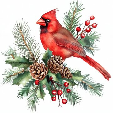 recommend clip art: Happy Holidays Cardinal. Christmas Watercolor Clipart with Red Bird and Winter Plants