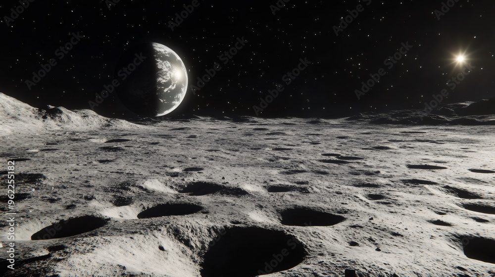 Wall mural a view of a planet from the surface of the moon.