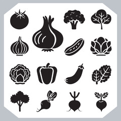 Set of vegetables black silhouette Carrot, potato, tomato, cucumber, onion, garlic, cauliflower, bell pepper, cabbage vector icon in white background.