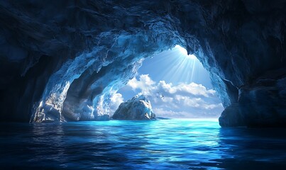 Fototapeta premium Sunbeams Shining Through a Cave Opening Over a Blue Ocean