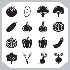 Set of vegetables black silhouette Carrot, potato, tomato, cucumber, onion, garlic, cauliflower, bell pepper, cabbage vector icon in white background.