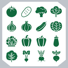 Set of vegetables black silhouette Carrot, potato, tomato, cucumber, onion, garlic, cauliflower, bell pepper, cabbage vector icon in white background.